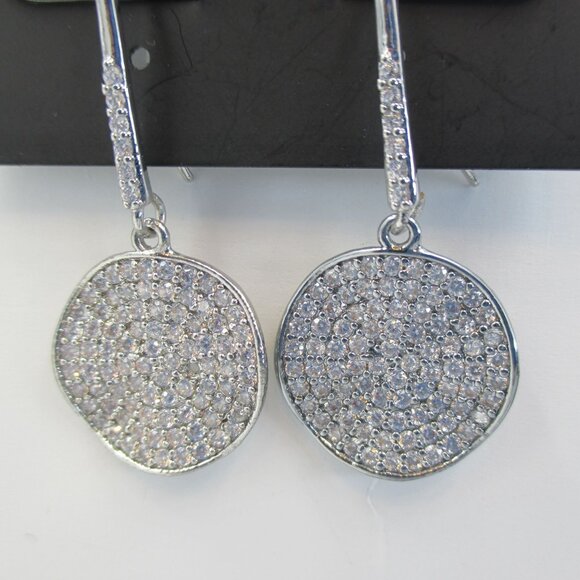 WHBM Pave Crystal Silvertone Drop Disk Earrings Handcrafted NWT - Picture 3 of 5